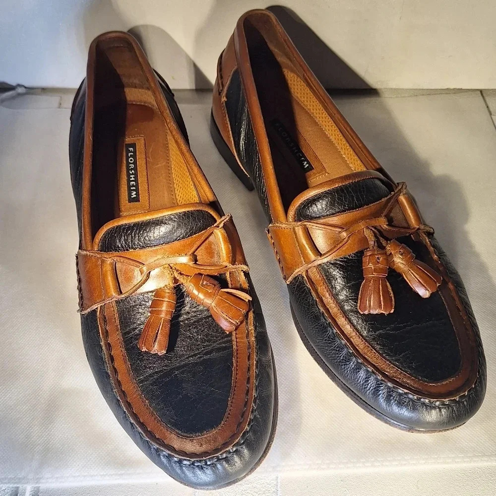 FLORSHEIM Mens Slip On Shoes With Tassels Two Tone Black & Brown 11.5